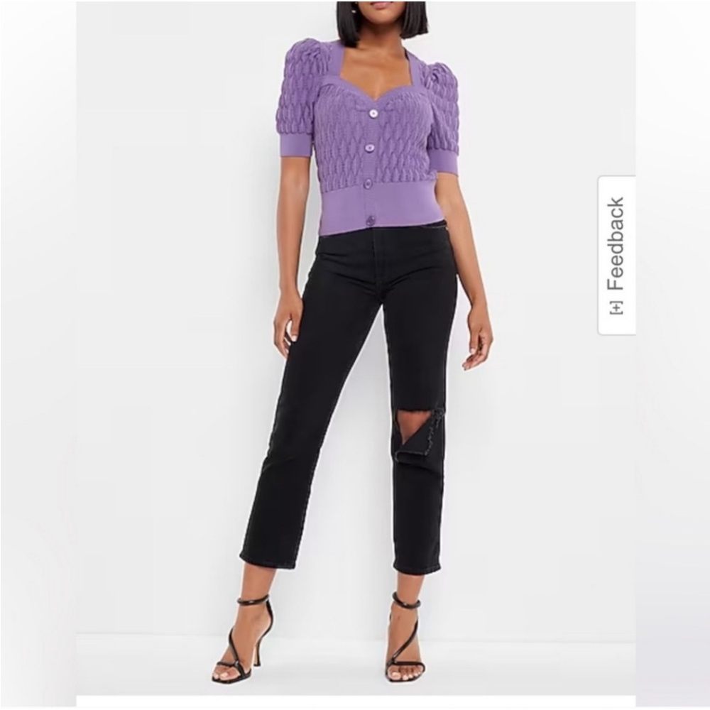 Express Lilac Cable Knit Puff-Sleeve Button Cardigan - Picture 3 of 10